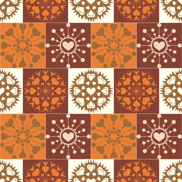 Christmas seamless pattern. Heart snowflakes. New Year, Valentine day, birthday texture. Gold, brown, orange colored. Vector — Stok Vektör