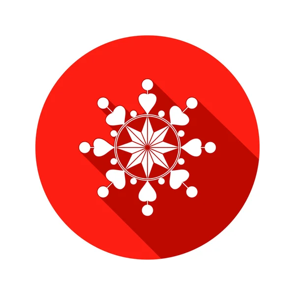 Snowflake, heart view icon. Christmas, Valentine, birthday symbol. White sign on red round button with long shadow. Vector — Stockvector