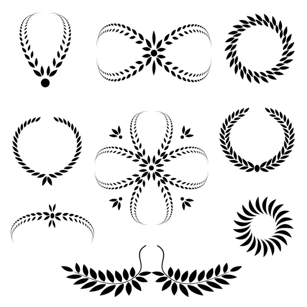 Laurel wreath tattoo set. Black stylized ornaments, signs on white background. Victory, defense, glory symbols. Vector — Διανυσματικό Αρχείο