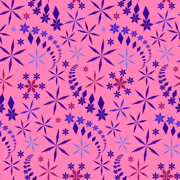 Patrón de Navidad sin costuras. Copos de nieve, cristales sobre fondo rosa. Lila, violeta, estrellas vinosas. Textura de invierno. Vector — Archivo Imágenes Vectoriales