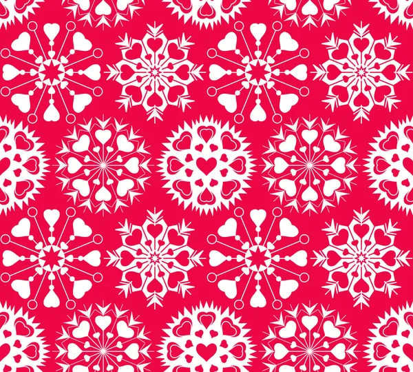 Heart snowflake seamless pattern. Christmas, Valentine, birthday, winter texture. White ornament on red background. Vector — ストックベクタ