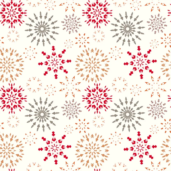 Christmas seamless pattern. Snowflakes. Red, gold, gray signs on white background. Winter retro texture. Vector