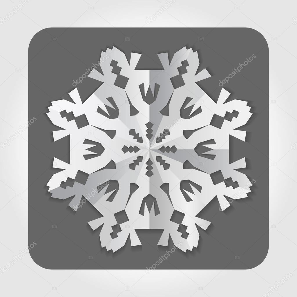 Christmas paper snowflake origami icon. Paper cut out sign with shadow. White on gray. Vector