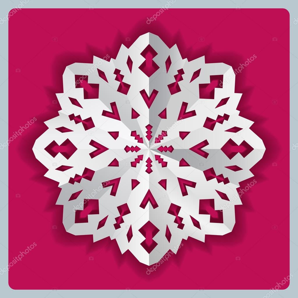 Christmas paper snowflake origami icon. Paper cut out sign with shadow. White on magenta. Vector