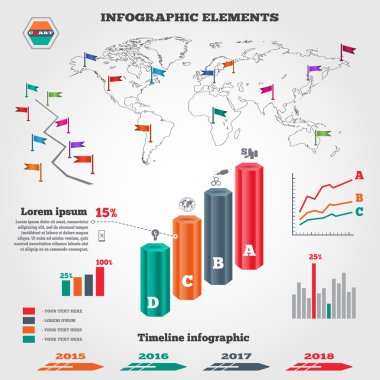 Infographics elements set. Columns, map, timeline diagram with icons and shadow. Business banner. Prismatic solid. Vector