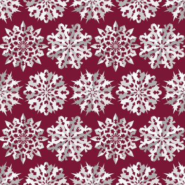 Origami snowflake seamless pattern. Christmas, New Year texture. Paper cut out white signs on dark red, vinous. Vector
