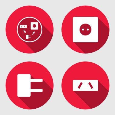 Adapter, electric socket base icon set. European, Australian standard symbol. Round red signs with long shadow. Vector