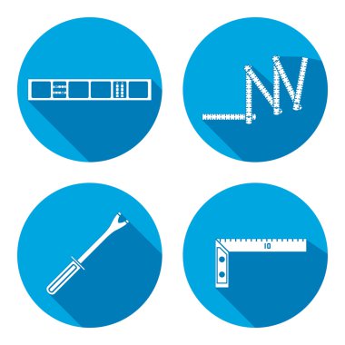 Building tool icon set. Rule, clinometer, angle and pinchbar. Fix, control, measure symbol. Round sign with long shadow. Vector