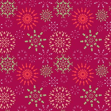 Christmas seamless pattern. Red, green, white snowflakes on magenta background. Winter theme retro texture. Vector