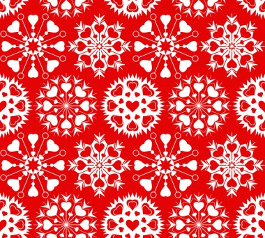 Christmas seamless pattern of heart view snowflakes. New Year, Valentine, birthday texture. Red, white colored background. Vector