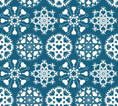Christmas seamless pattern of heart view snowflakes. New Year, Valentine, birthday texture. Blue, white colored background. Vector