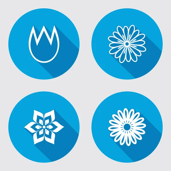Flower icons set. Chamomile, tulip, daisy, orchid. Floral symbol. Round blue flat icon with long shadow. Vector — 스톡 벡터