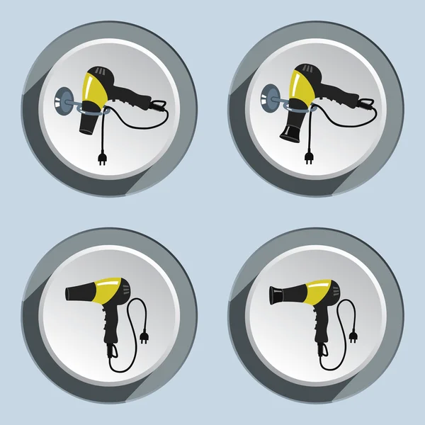 Hairdryer, blow dryer with two-pin plug on stand icons set. Professiona hairdresser tool symbol. Vector — 图库矢量图片