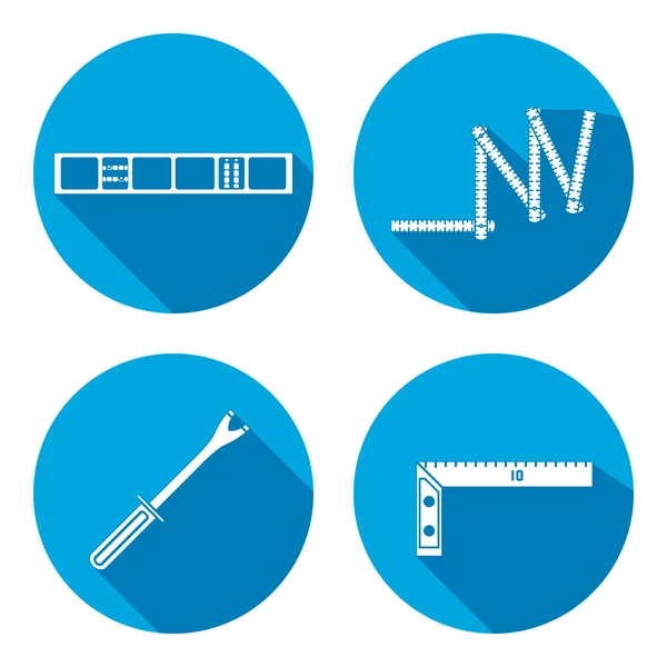 Building tool icon set. Rule, clinometer, angle and pinchbar. Fix, control, measure symbol. Round sign with long shadow. Vector — Stock Vector