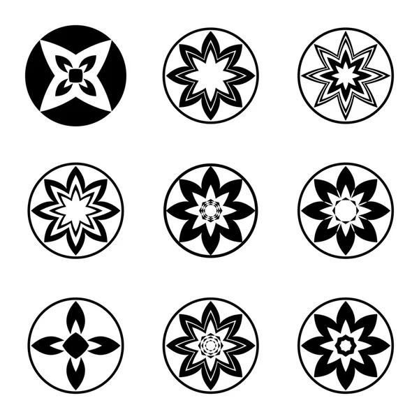Mandala elements, tattoo icon set. Aster, star signs of four and eight rays. Black ornament. Harmony, luck, infinity symbol. Vector — Wektor stockowy