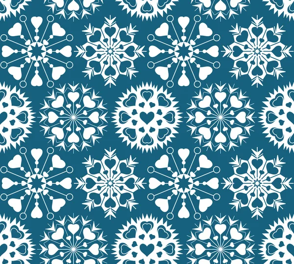 Christmas seamless pattern of heart view snowflakes. New Year, Valentine, birthday texture. Blue, white colored background. Vector — Διανυσματικό Αρχείο