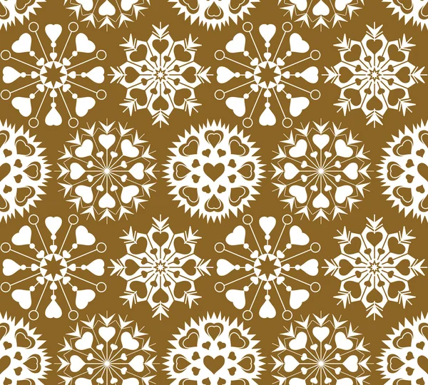Christmas seamless pattern of heart view snowflakes. New Year, Valentine, birthday texture. Gold, white colored background. Vector — Διανυσματικό Αρχείο
