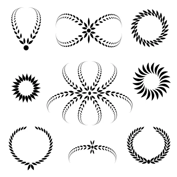 Set di tatuaggi con corona di alloro. Ornamenti stilizzati astratti neri, segni su bianco. Vittoria, pace, simbolo di gloria. Vettore — Vettoriale Stock