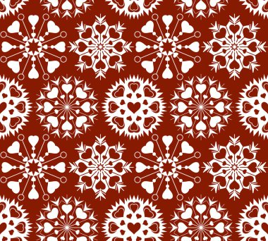 Kalp kar tanesi seamless modeli. Yılbaşı, Sevgililer günü, doğum günü, kış doku. Beyaz süsleme kahverengi zemin üzerinde. Vektör