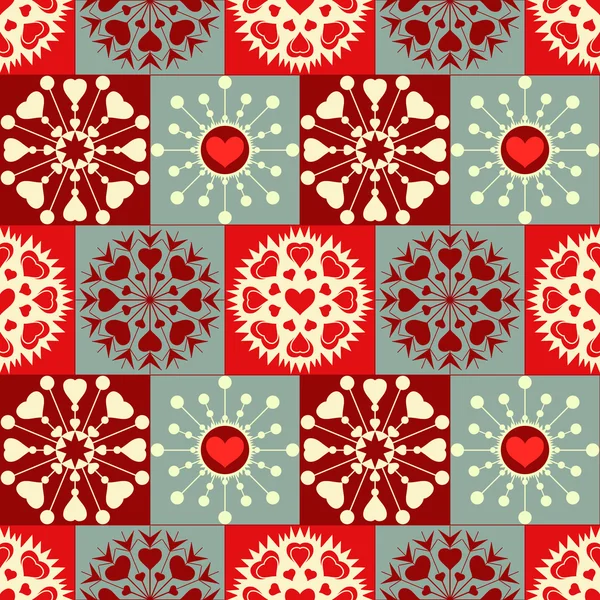 Christmas seamless checked pattern with heart snowflakes. New Year, Valentine texture. Red, gray, white colored. Vector — Stock Vector