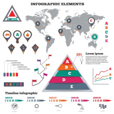 Infographics elements set. Pyramid chart, world map, graphics, pointers, flags, timeline diagram. Modern colored flat banner with five options. Vector