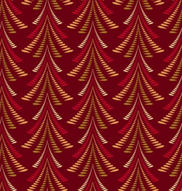 Kusursuz bir Noel modeli. Ateşler, koyu kırmızı arka plandaki ağaçlar. Defne yapraklarının bükülmüş süsü. Kış, yeni yıl, doğa dokusu. Vektör