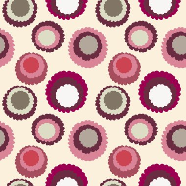 Seamless geometric spotty, polka dot pattern. Motley texture. Shred edge circles on gray background. Cream, vinous, brown colored. Pastry, cookie, biscuit theme. Vector