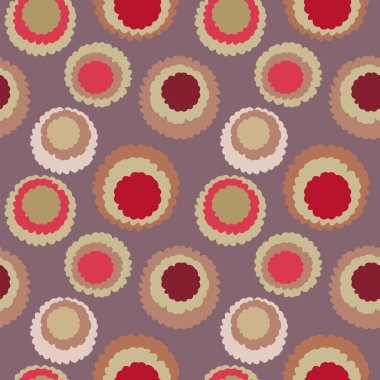 Seamless geometric polka do spotty pattern. Motley texture with circles. Round blots doodles. Brown, red, gold soft colors on gray. Winter theme. Vector