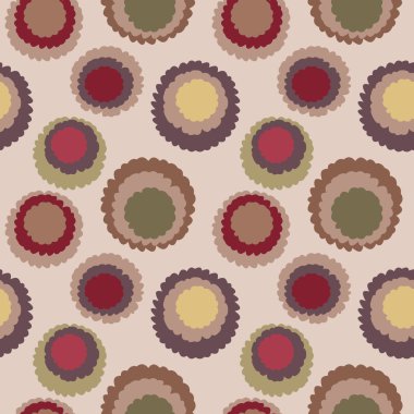 Seamless geometric polka do spotty pattern. Motley texture with circles. Round blots doodles. Brown, red, green soft colors on beige. Winter theme. Vector