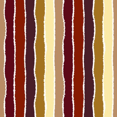 Seamless strip pattern. Vertical lines with torn paper effect. Shred edge background. Warm bright contrast brown, orange, olive, yellow, white colors. Autumn, winter theme. Vector illustration
