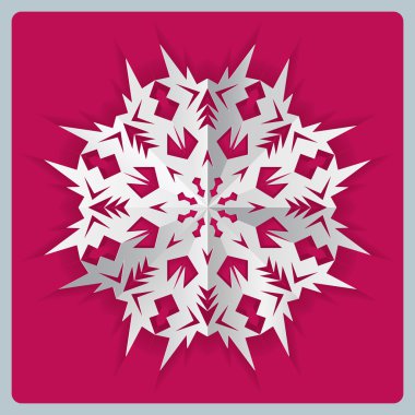 Christmas paper snowflake origami icon. Paper cut out sign with shadow. White silhouette on magenta background. Vector isolated