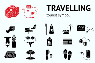Travel icons set. Tourism, journey, trip accessories symbol. Black signs of memo, instruction. Necessary things for woman summer vacation. Vector isolated