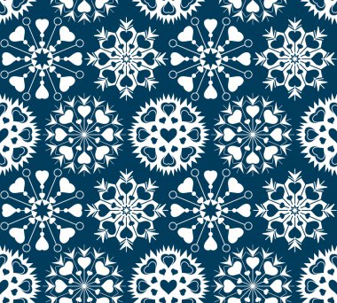 Heart view snowflake seamless pattern. Christmas, Valentine day, birthday texture. Stylized unusual white ornament on dark blue background. Vector