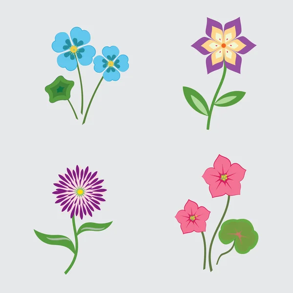 Flower set on light gray background. Colored symbols with leaves. Vector isolated — Stockvector