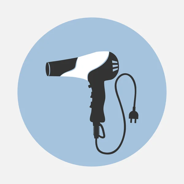 Professional blow hairdryer with two-pin plug and cord. Panda design. Modern colored sign on blue round circles symbol. Vector — Wektor stockowy