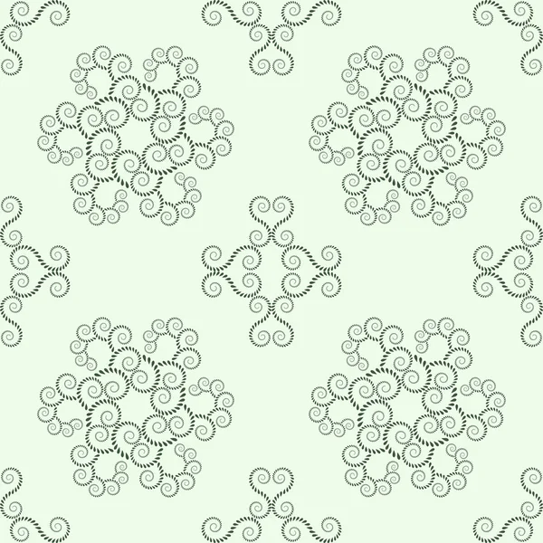 Seamless lace pattern. Vintage, curled texture. Spiral, swirl silhouettes floral snowflakes. Twist ornament of laurel leaves. Light figure on dark background. Green gray colored. Vector — Wektor stockowy
