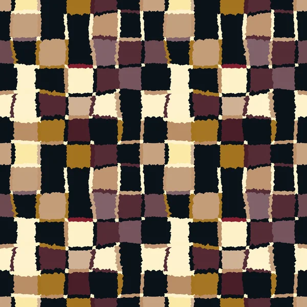 Seamless geometric mosaic checked pattern. Background of rectangles and squares. Patchwork, ceramic, tile texture. Warm, bright, brown, yellow, green colors. Winter, coffee, chocolate theme. Vector — Wektor stockowy