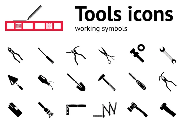 Set di icone degli strumenti. Colla, pinze, pinze, chiave inglese, martello, spatola, clinometro, ascia, hache, angolo, vanga, guanti, vite bullone, dado, forbici. Riparazione Fix simbolo. Insegne rotonde cerchio nero con lunga ombra — Vettoriale Stock