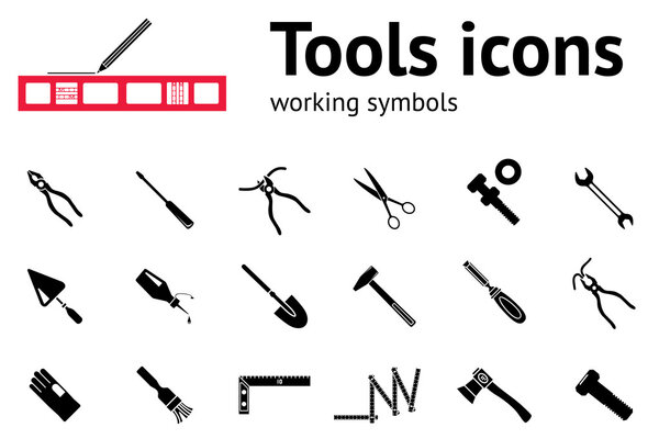 Tool icons set. Glue, pliers, tongs, wrench key, hammer, trowel, clinometer, axe, hache, angle, spade, gloves, screw bolt, nut, scissors. Repair fix symbol. Round black circle signs with long shadow