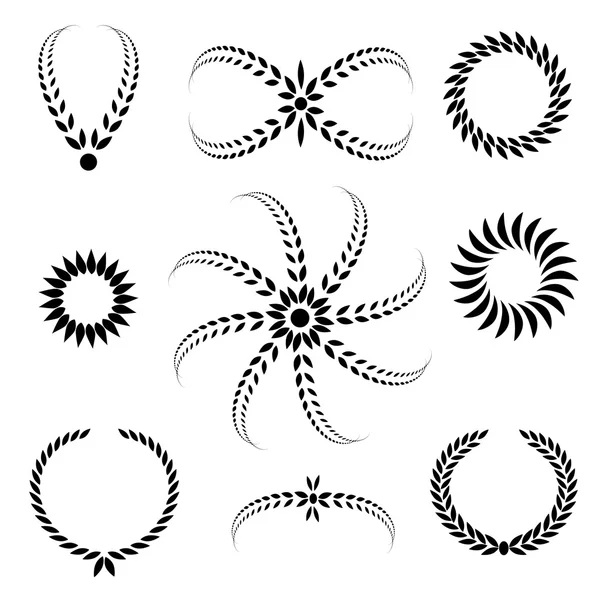 Laurel wreath tattoo set. Black stylized ornaments, signs on white background.  Victory, peace, glory symbol. Vector — Stock Vector