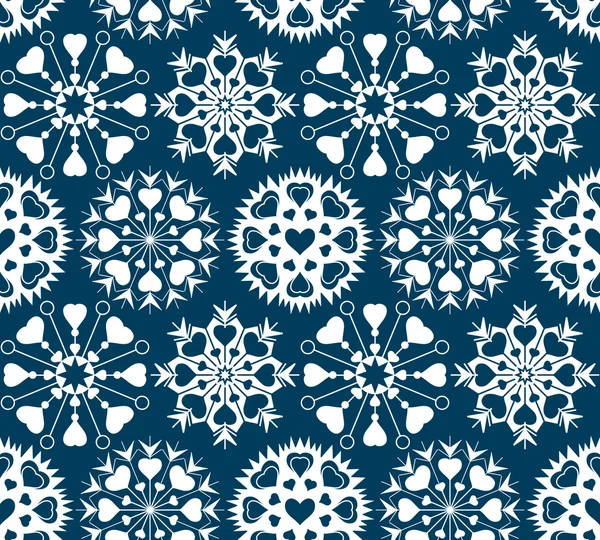 Heart view snowflake seamless pattern. Christmas, Valentine day, birthday texture. Stylized unusual white ornament on dark blue background. Vector — Διανυσματικό Αρχείο