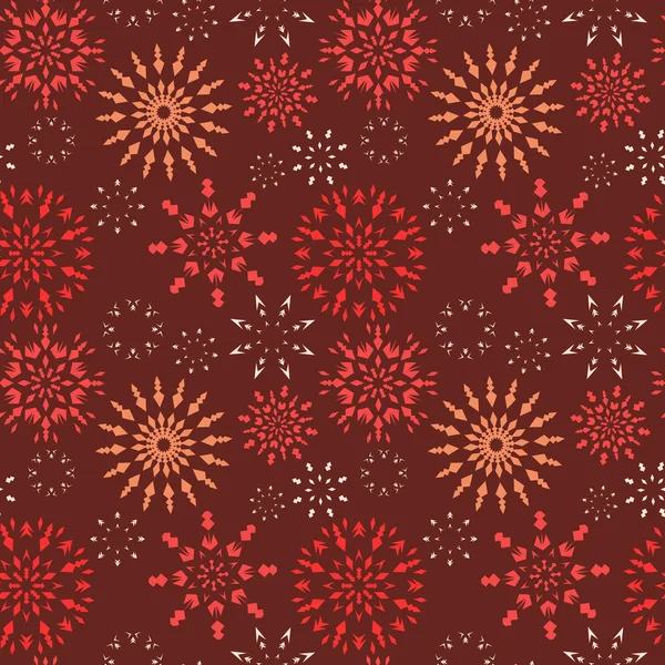 Christmas seamless pattern. Red, orange snowflakes on dark brown background. Winter theme retro texture. Chocolate theme. Vector illustration. — Διανυσματικό Αρχείο