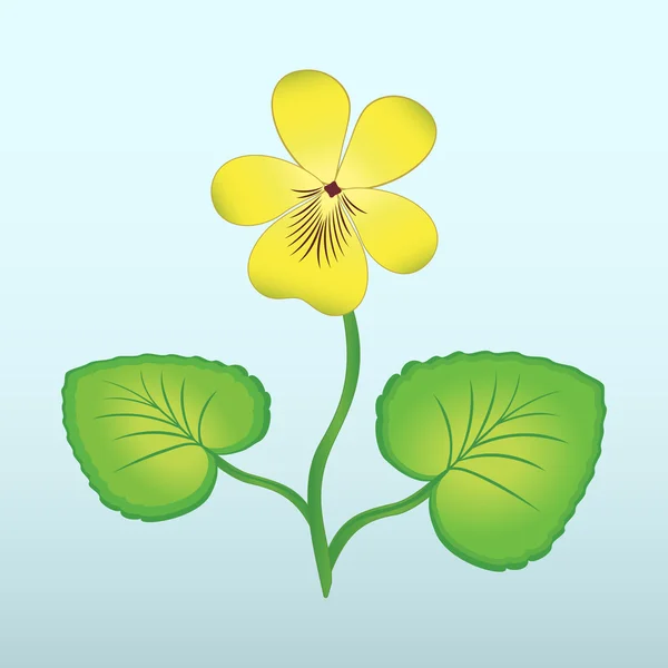 Spring flower Viola, violet. Floral icon. Yellow head with stem and leaves on light blue background. Vector isolated. — 图库矢量图片