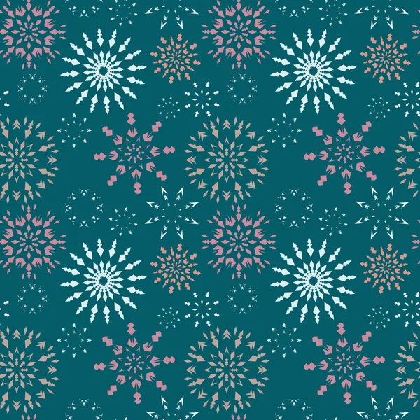 Patrón sin costuras de Navidad. Signos de copos de nieve de color claro sobre fondo azul oscuro, turquesa. Tema invierno textura retro. Nieve al anochecer, crepúsculo. Ilustración vectorial . — Vector de stock