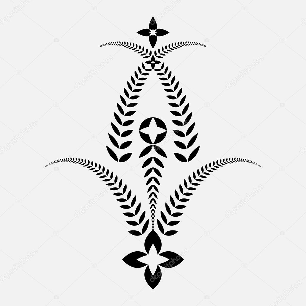 Laurel wreath tattoo. Decorative ornamen with crosses. Flower, bowl sign. Victory, peace, glory, summit symbol. Black silhouette on white background. Vector