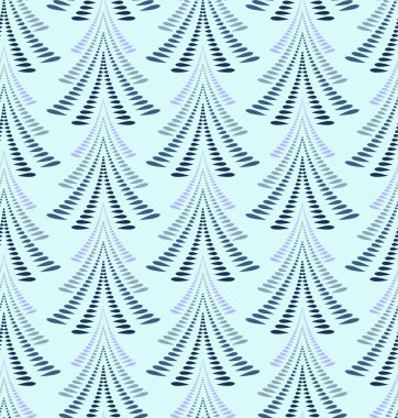 Kusursuz bir Noel modeli. Ateş, açık mavi arka plandaki ağaçlar. Defne yapraklarının bükülmüş süsü. Kış, yeni yıl, doğa dokusu. Vektör