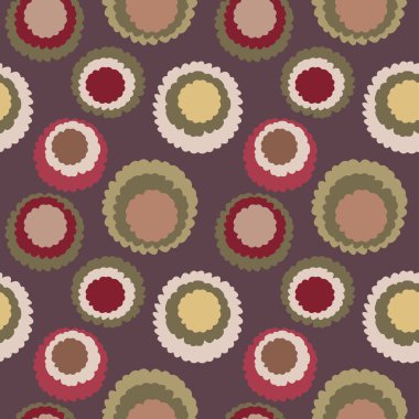 Seamless polka dot, motley texture. Abstract spotty pattern. Circles with torn paper effect. Brown, yellow, red colored. Chocolate cornflakes theme. Vector