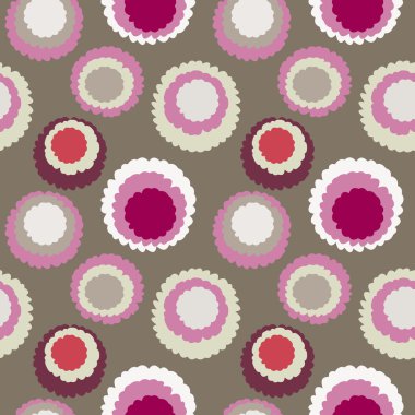 Seamless polka dot, motley texture. Abstract spotty pattern. Circles with torn paper effect. Soft gray, white, red colored. Cornflakes powdered sugar. Vector