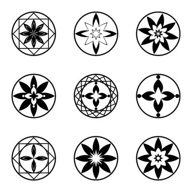 Mandala elements, tattoo icon set. Star, floral stylized ornament. Black round signs. Harmony, luck, infinity symbol. Vector