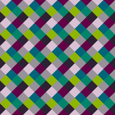 Seamless geometric checked pattern. Diagonal square, woven line background. Patchwork, rhombus, staggered texture. Green, gray, vinous colors. Winter theme. Vector